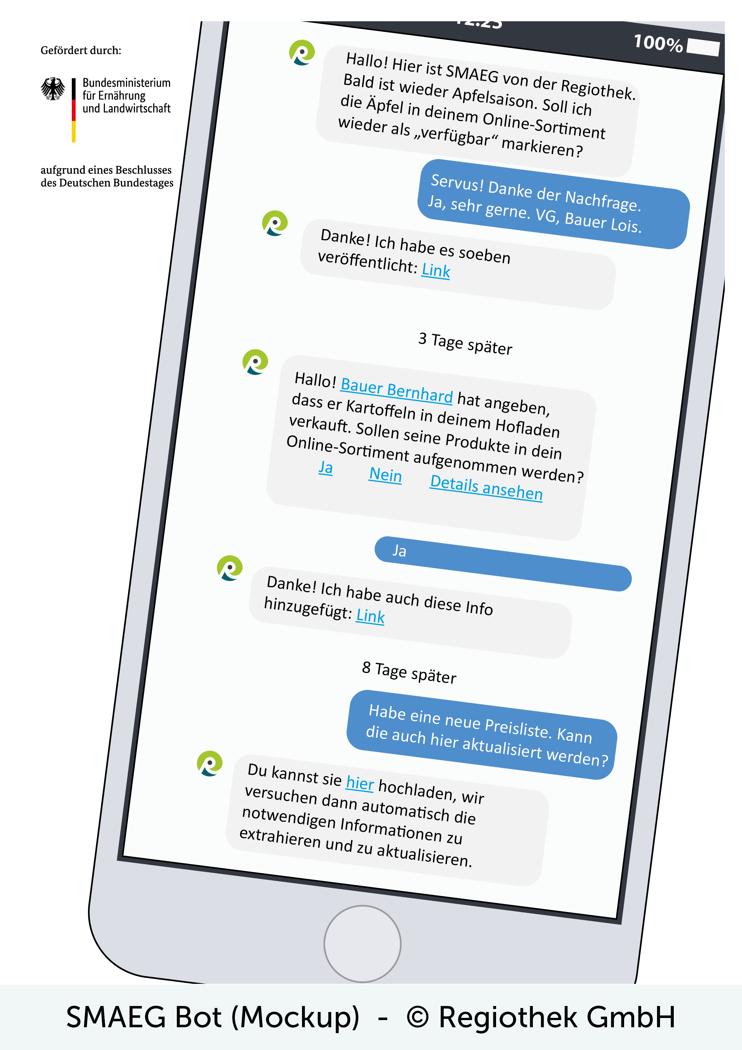 Mockup Konversation am Smartphone, SMAEG-Bot mit Apfelbauer - Gefördert durch: Bunderministerium für ERnährung und Landwirtschaft aufgrund eines Beschlusses des Deutschen Bundestages